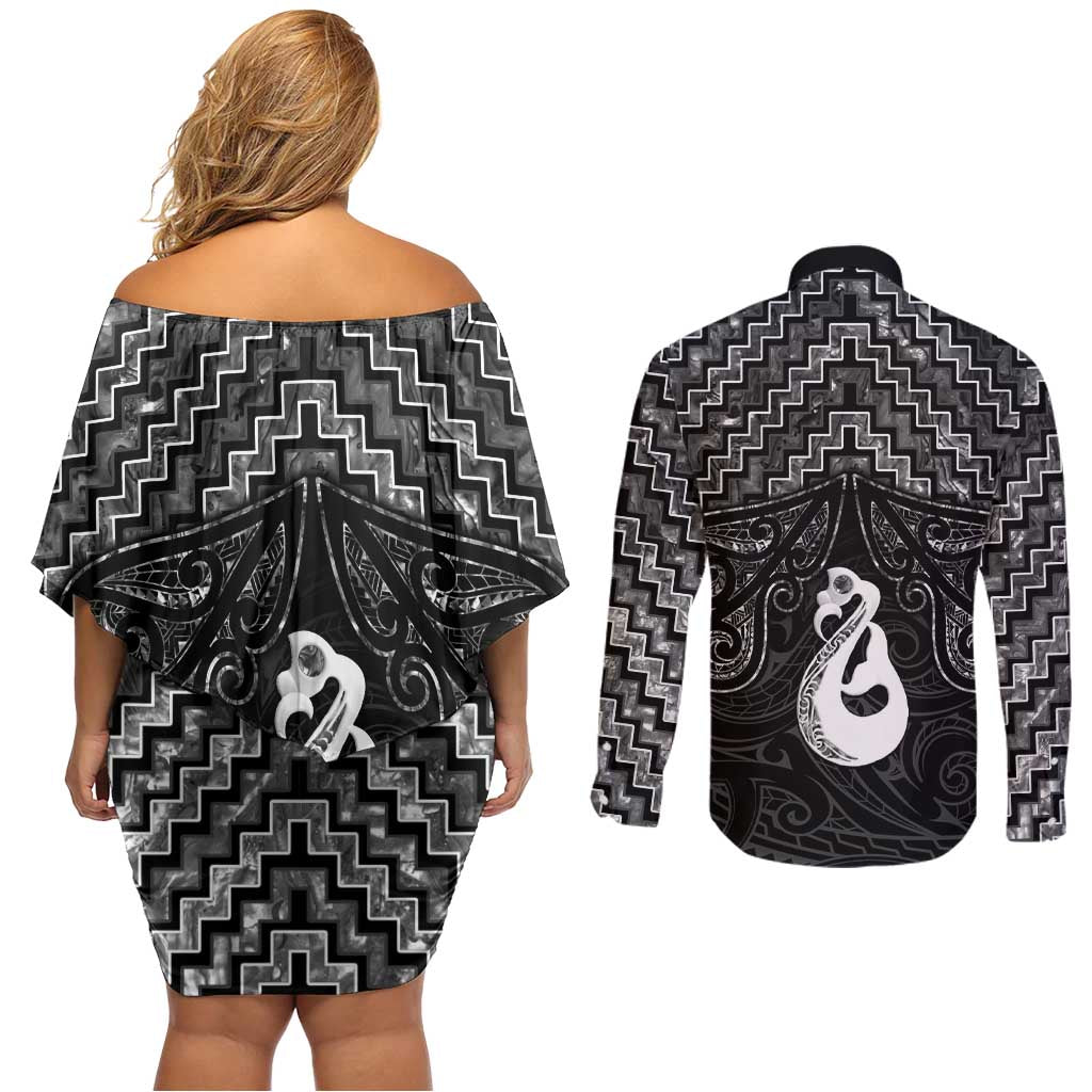 New Zealand Maori Couples Matching Off Shoulder Short Dress and Long Sleeve Button Shirt Poutama Manaia Black Paua Shell