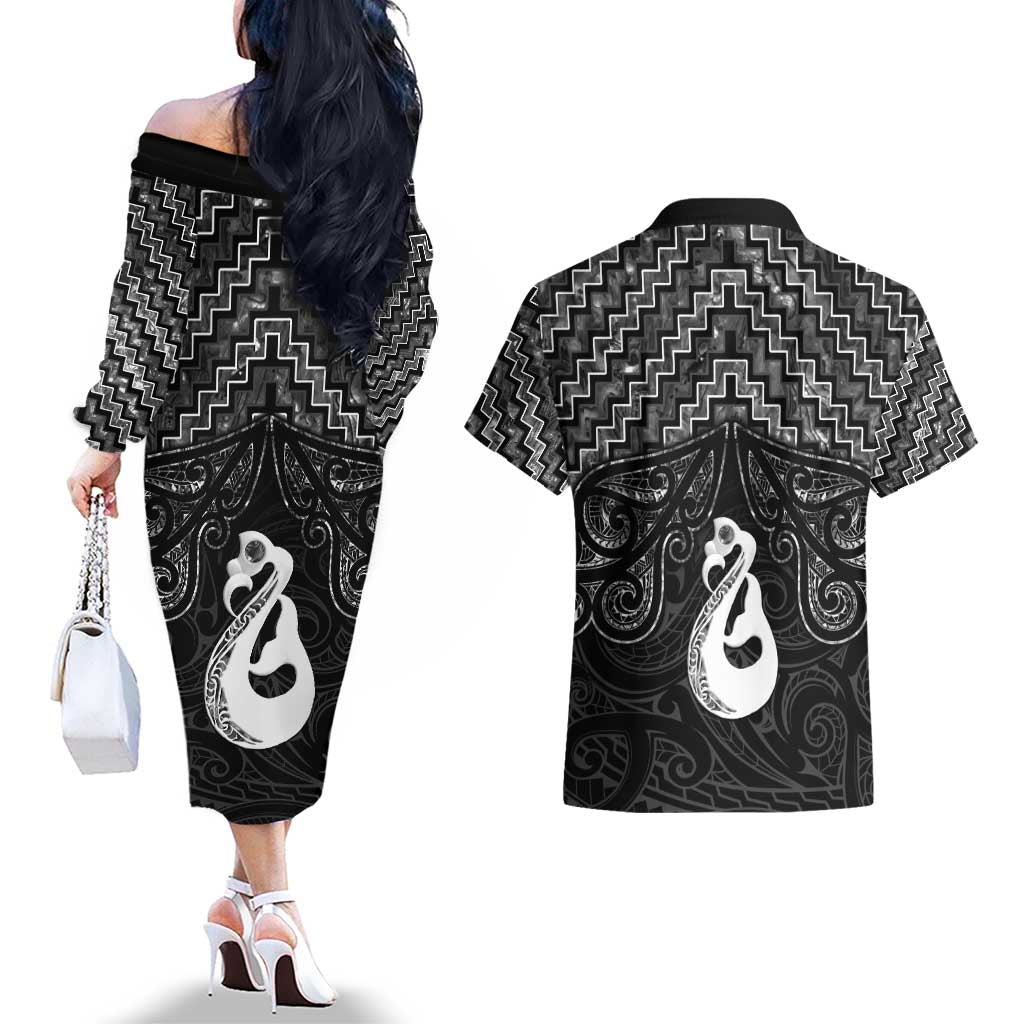 New Zealand Maori Couples Matching Off The Shoulder Long Sleeve Dress and Hawaiian Shirt Poutama Manaia Black Paua Shell