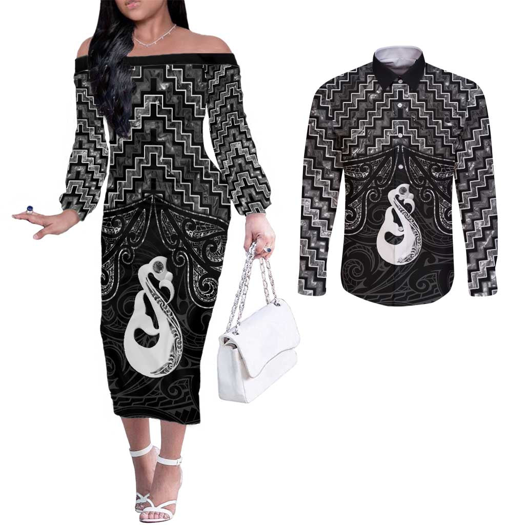 New Zealand Maori Couples Matching Off The Shoulder Long Sleeve Dress and Long Sleeve Button Shirt Poutama Manaia Black Paua Shell