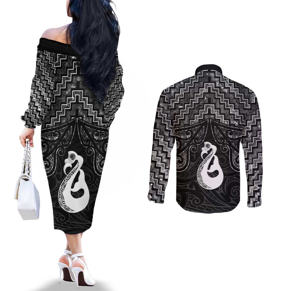 New Zealand Maori Couples Matching Off The Shoulder Long Sleeve Dress and Long Sleeve Button Shirt Poutama Manaia Black Paua Shell