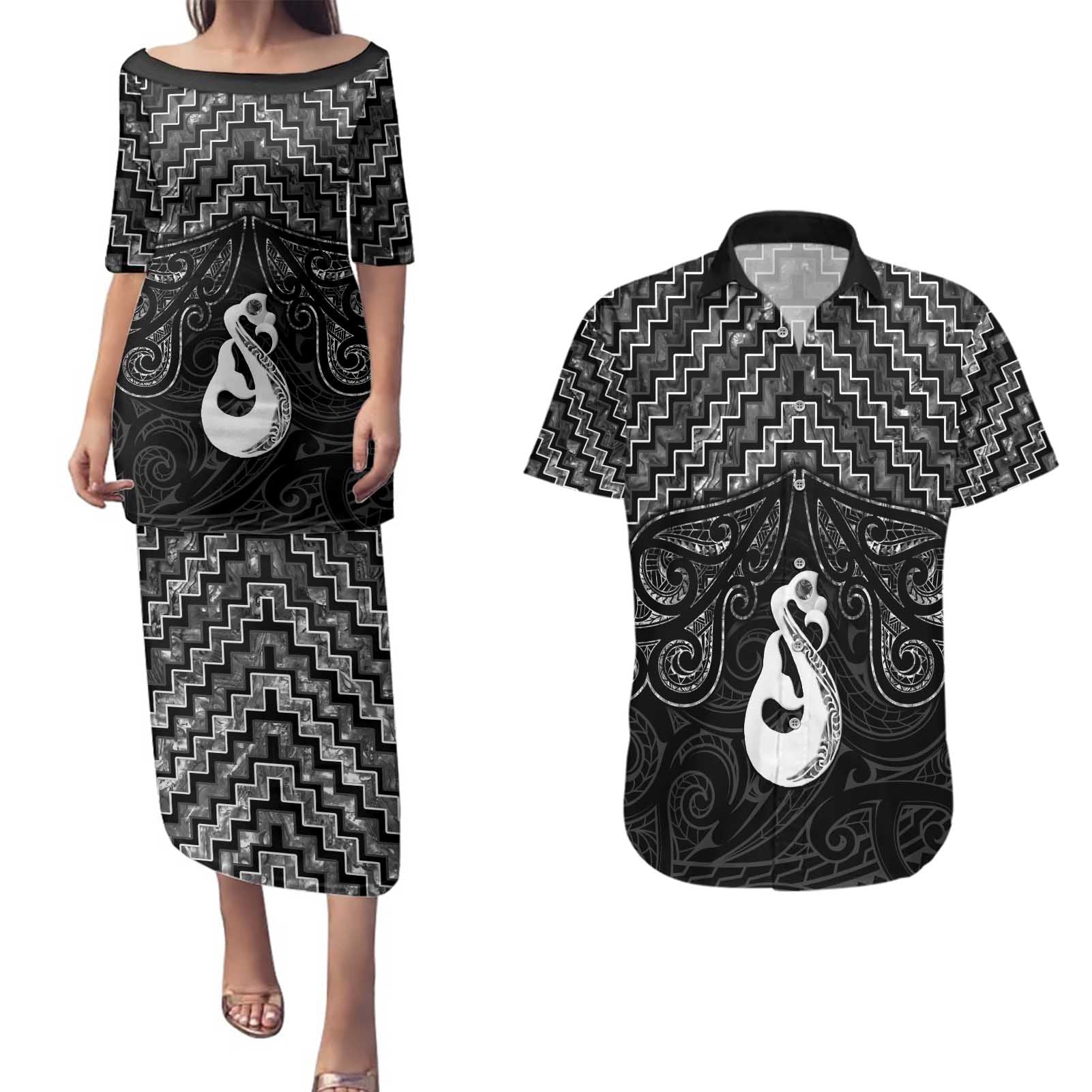 New Zealand Maori Couples Matching Puletasi and Hawaiian Shirt Poutama Manaia Black Paua Shell