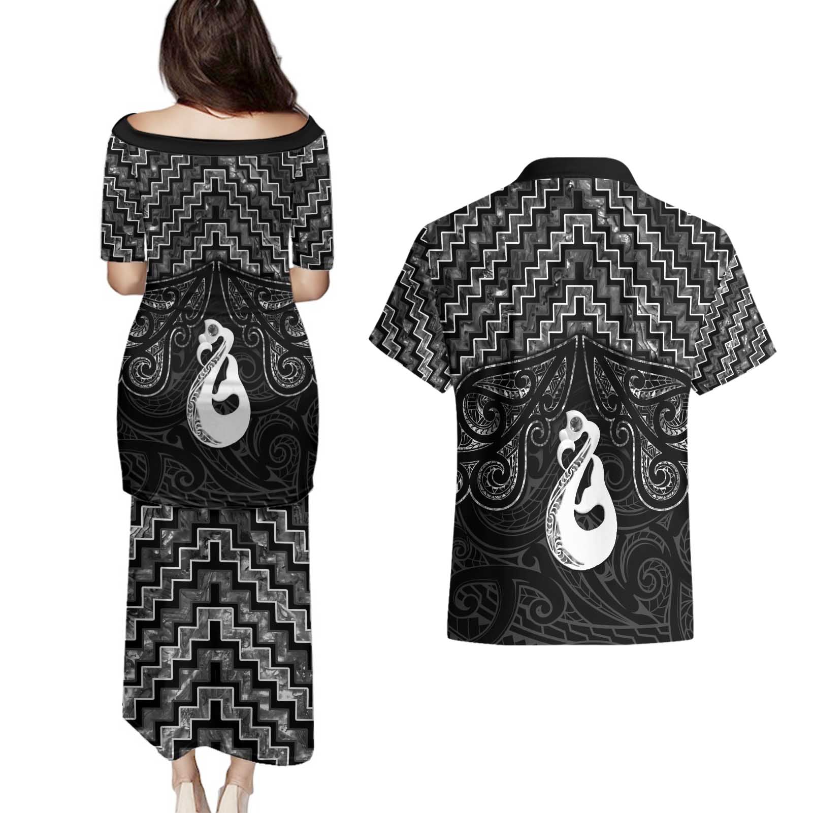 New Zealand Maori Couples Matching Puletasi and Hawaiian Shirt Poutama Manaia Black Paua Shell