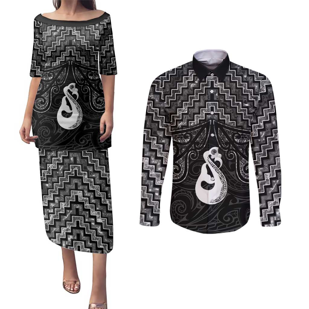 New Zealand Maori Couples Matching Puletasi and Long Sleeve Button Shirt Poutama Manaia Black Paua Shell