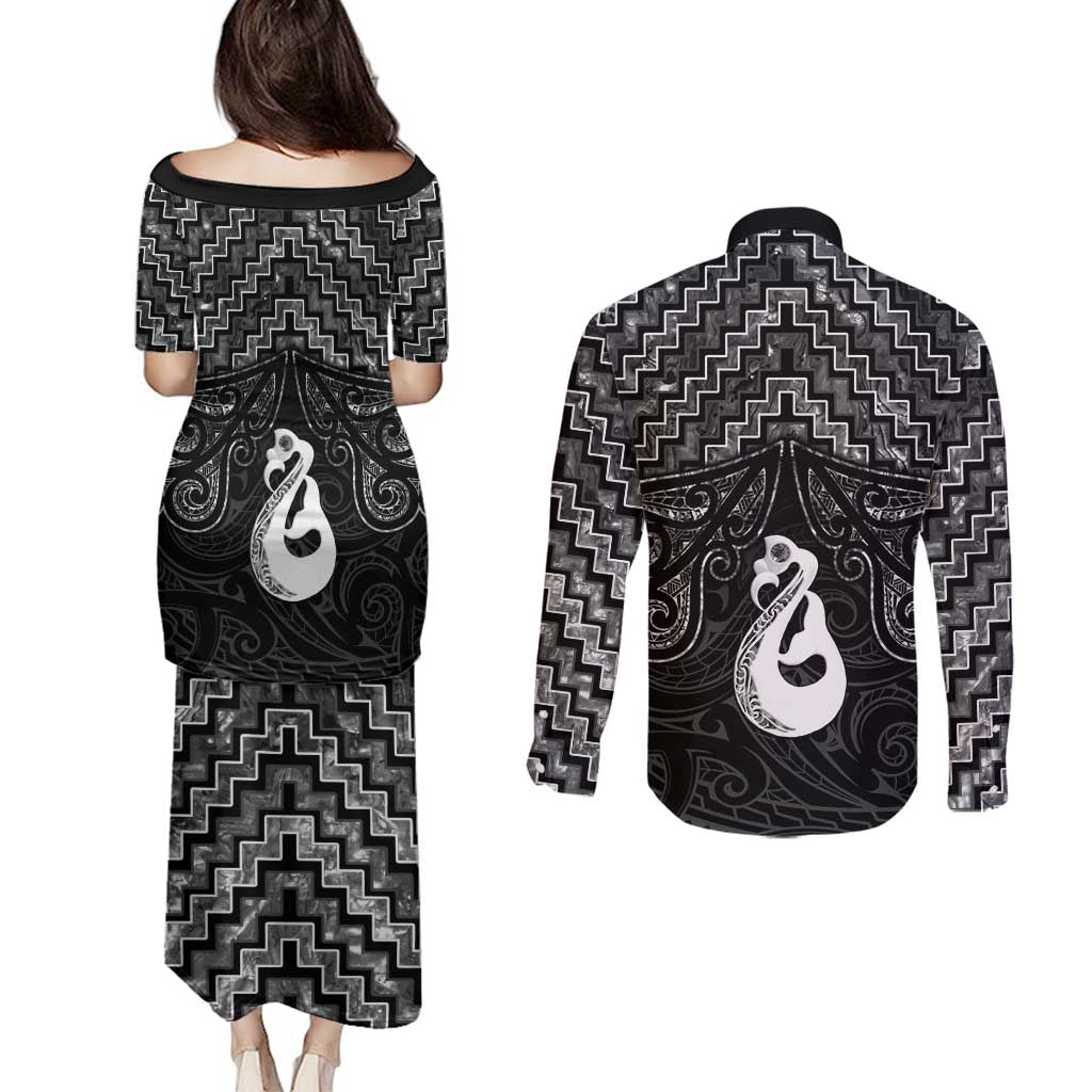 New Zealand Maori Couples Matching Puletasi and Long Sleeve Button Shirt Poutama Manaia Black Paua Shell