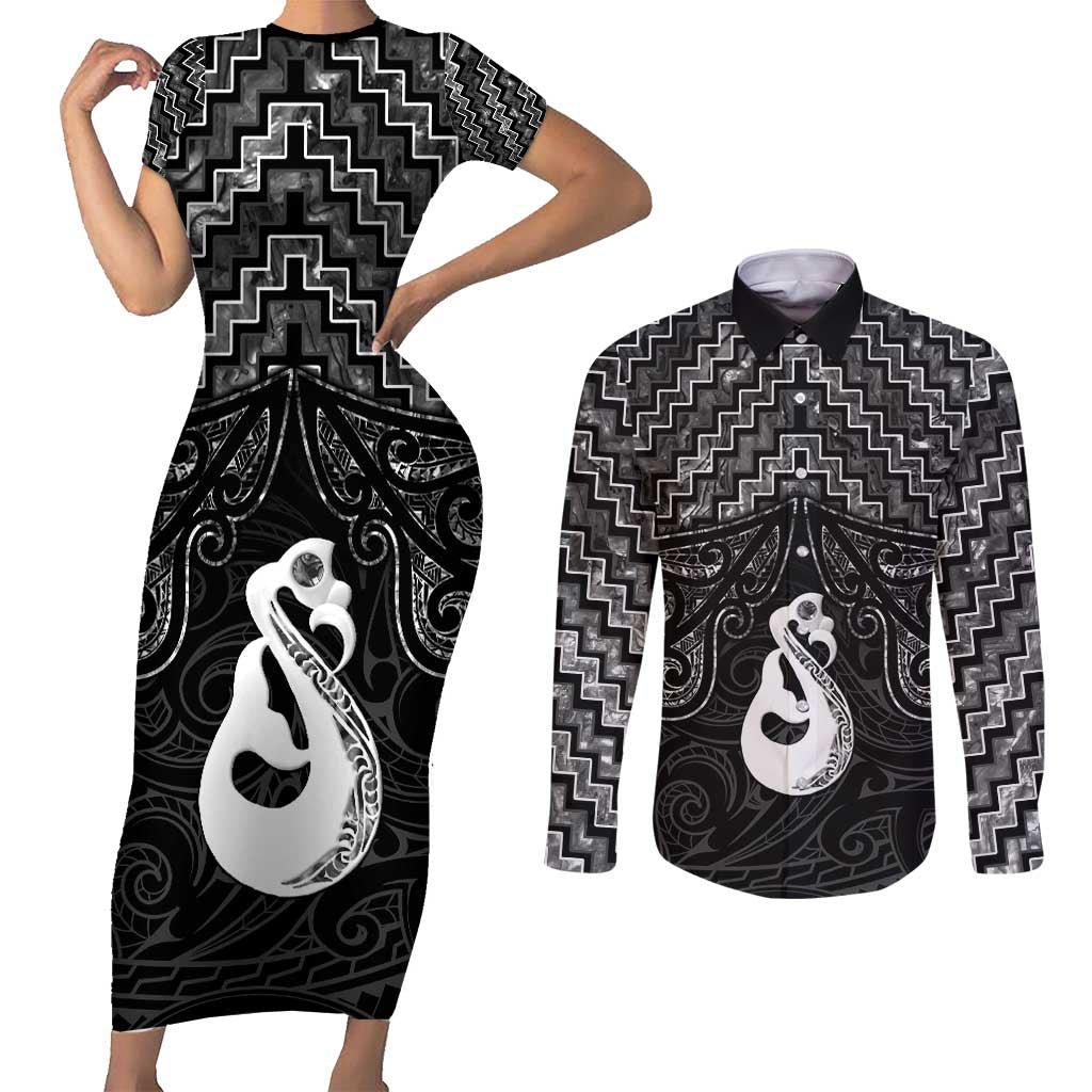 New Zealand Maori Couples Matching Short Sleeve Bodycon Dress and Long Sleeve Button Shirt Poutama Manaia Black Paua Shell