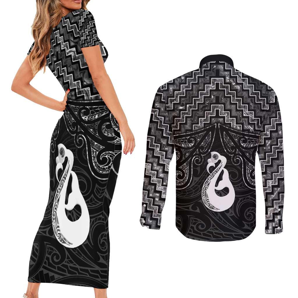 New Zealand Maori Couples Matching Short Sleeve Bodycon Dress and Long Sleeve Button Shirt Poutama Manaia Black Paua Shell