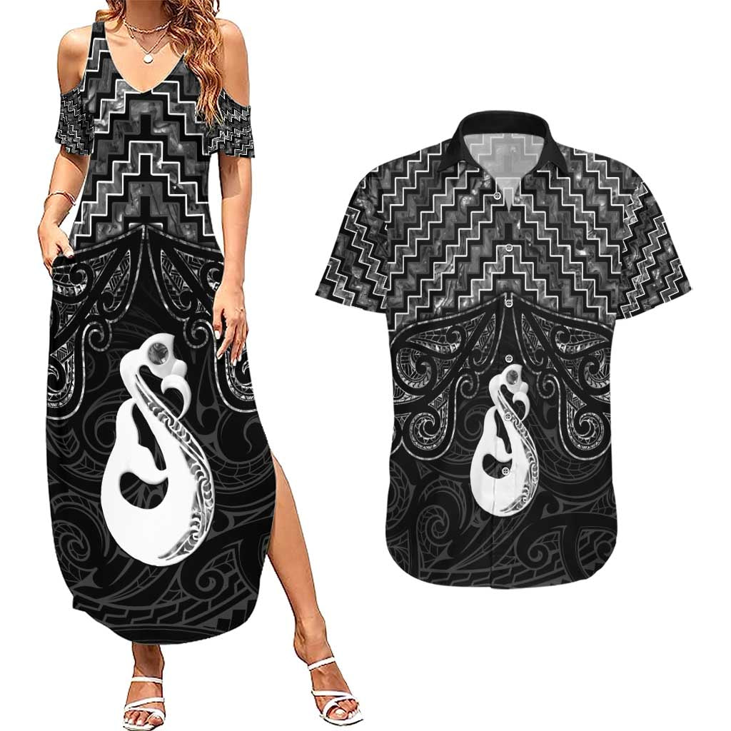 New Zealand Maori Couples Matching Summer Maxi Dress and Hawaiian Shirt Poutama Manaia Black Paua Shell