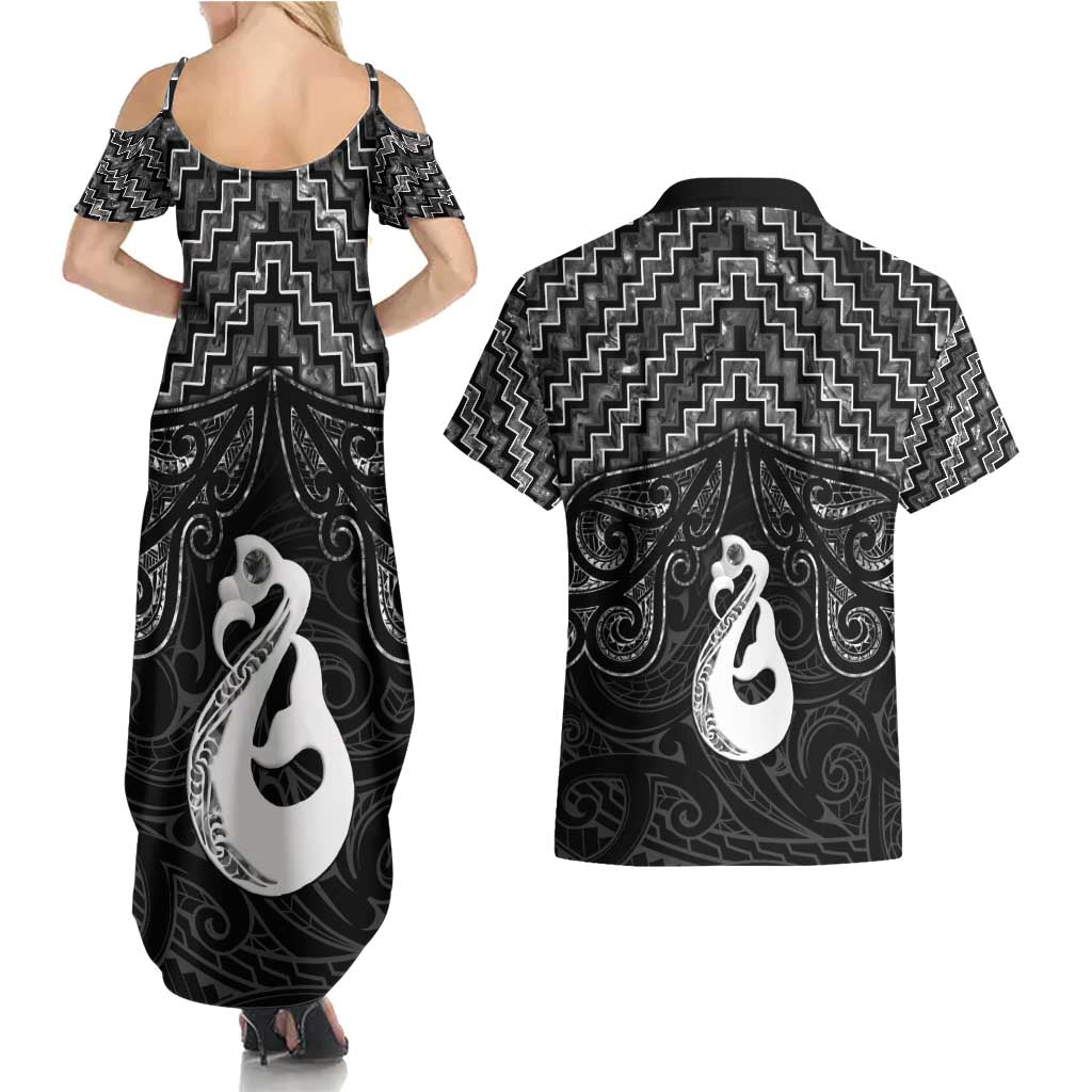 New Zealand Maori Couples Matching Summer Maxi Dress and Hawaiian Shirt Poutama Manaia Black Paua Shell