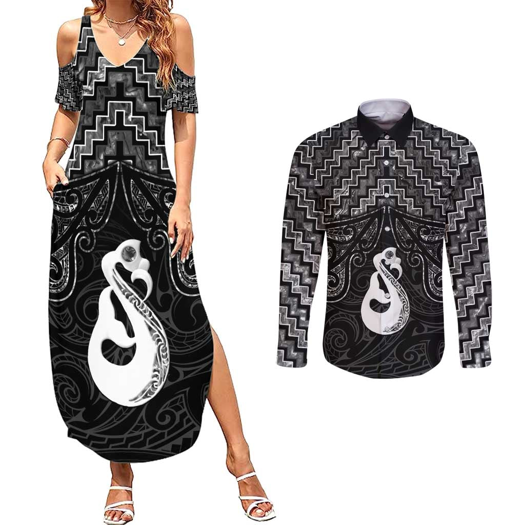 New Zealand Maori Couples Matching Summer Maxi Dress and Long Sleeve Button Shirt Poutama Manaia Black Paua Shell