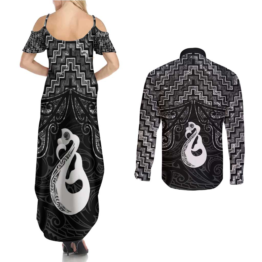 New Zealand Maori Couples Matching Summer Maxi Dress and Long Sleeve Button Shirt Poutama Manaia Black Paua Shell