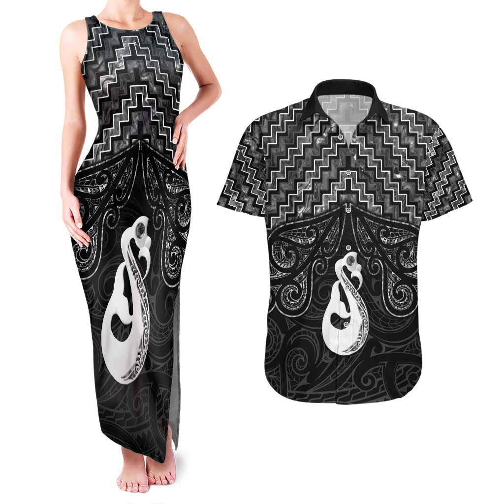 New Zealand Maori Couples Matching Tank Maxi Dress and Hawaiian Shirt Poutama Manaia Black Paua Shell