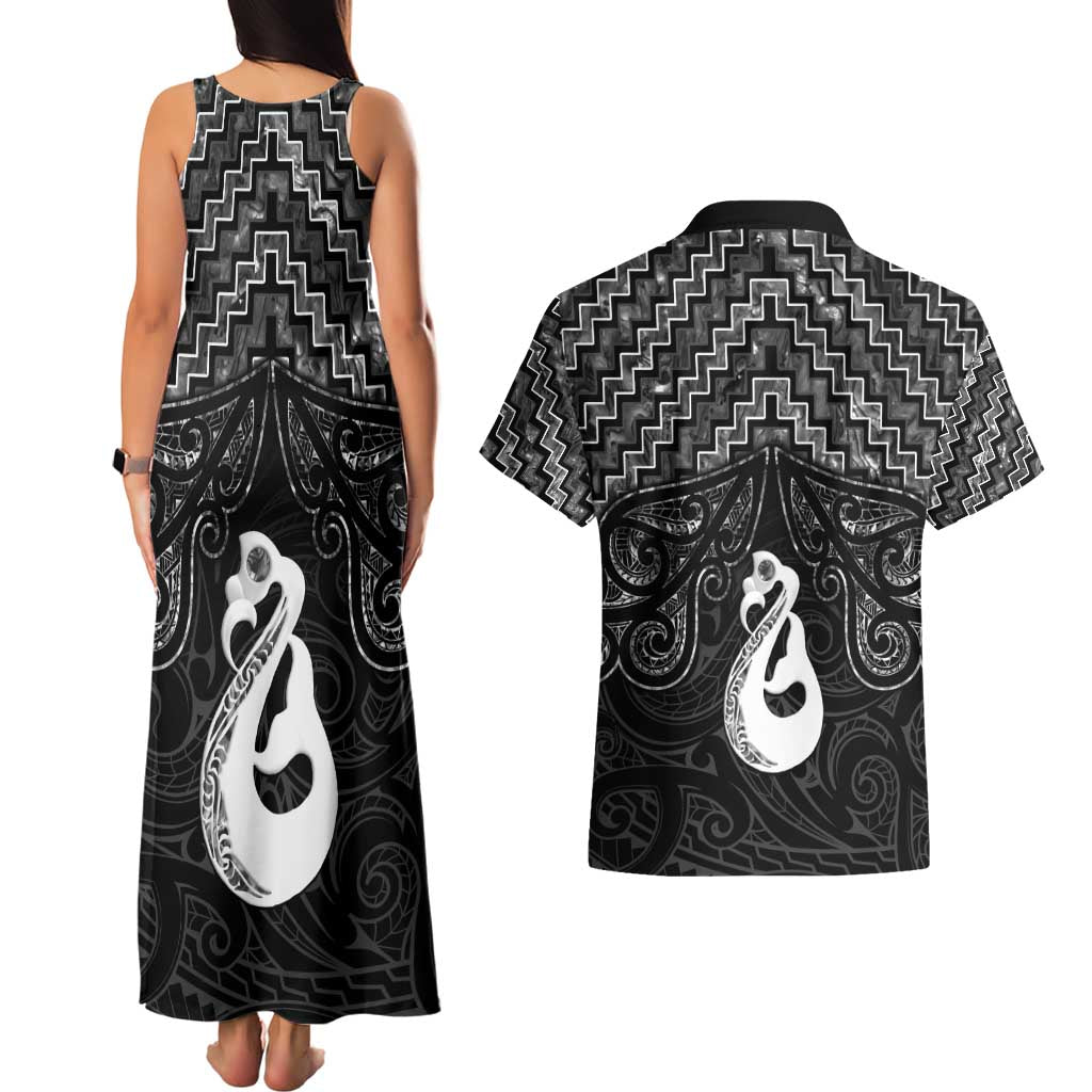 New Zealand Maori Couples Matching Tank Maxi Dress and Hawaiian Shirt Poutama Manaia Black Paua Shell