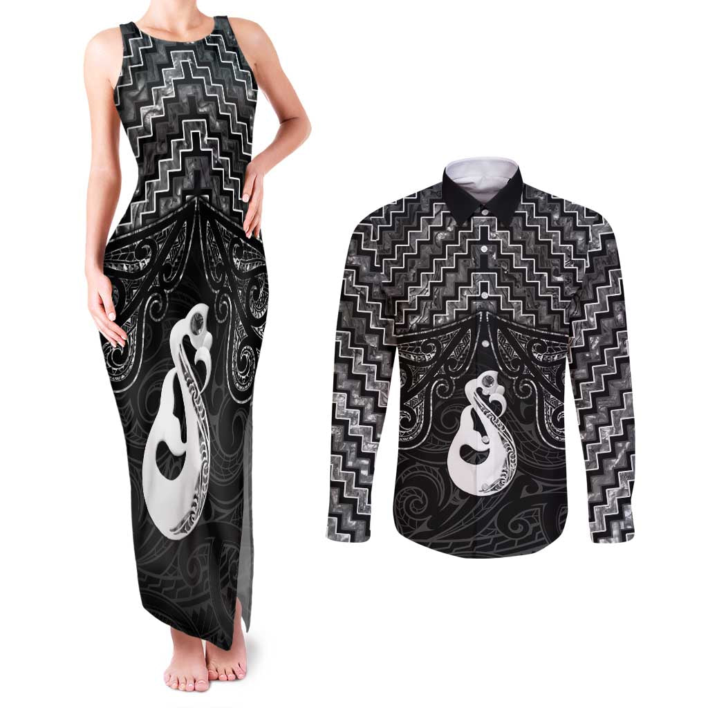 New Zealand Maori Couples Matching Tank Maxi Dress and Long Sleeve Button Shirt Poutama Manaia Black Paua Shell