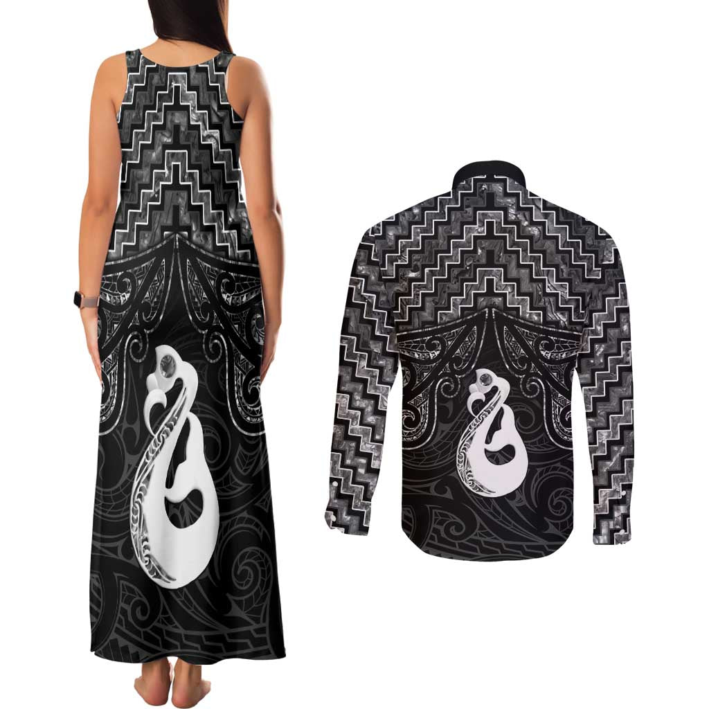 New Zealand Maori Couples Matching Tank Maxi Dress and Long Sleeve Button Shirt Poutama Manaia Black Paua Shell