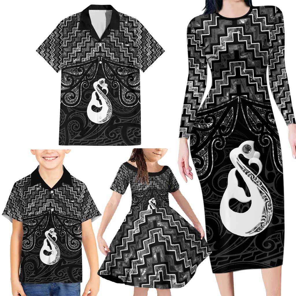 New Zealand Maori Family Matching Long Sleeve Bodycon Dress and Hawaiian Shirt Poutama Manaia Black Paua Shell