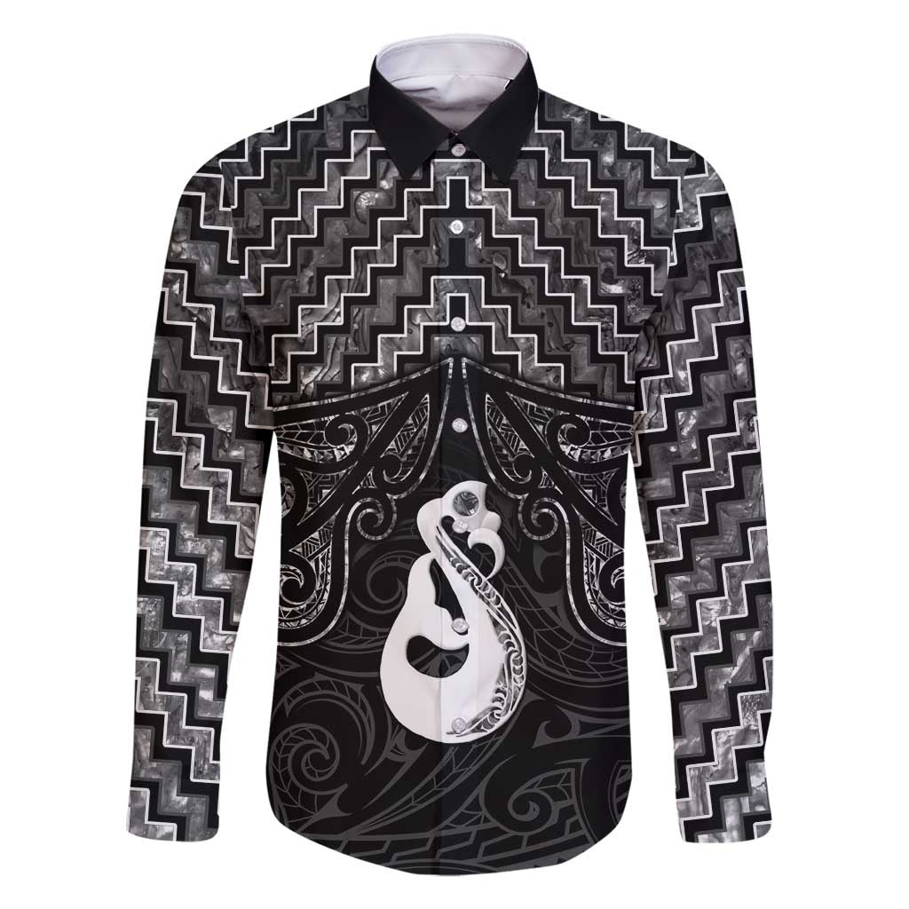 New Zealand Maori Family Matching Long Sleeve Bodycon Dress and Hawaiian Shirt Poutama Manaia Black Paua Shell