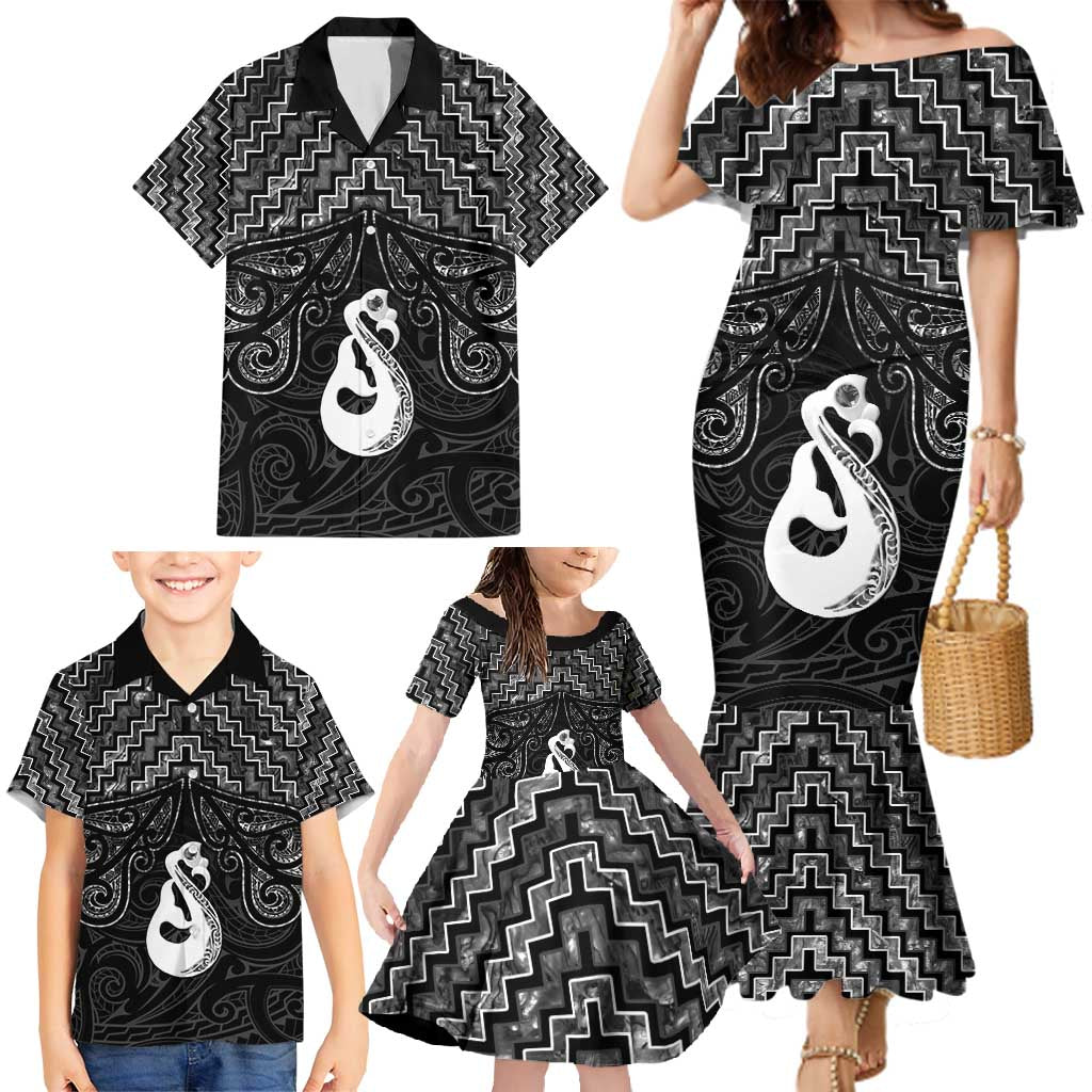 New Zealand Maori Family Matching Mermaid Dress and Hawaiian Shirt Poutama Manaia Black Paua Shell