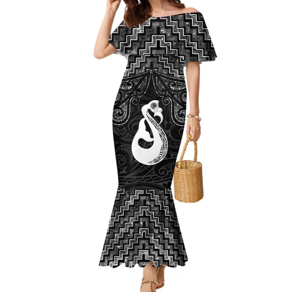 New Zealand Maori Family Matching Mermaid Dress and Hawaiian Shirt Poutama Manaia Black Paua Shell