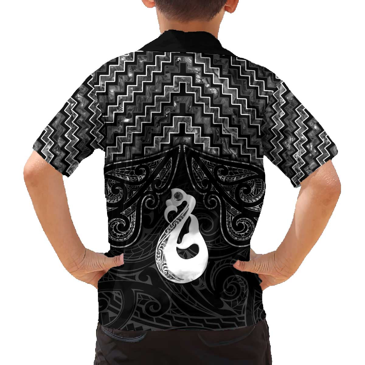 New Zealand Maori Family Matching Off The Shoulder Long Sleeve Dress and Hawaiian Shirt Poutama Manaia Black Paua Shell