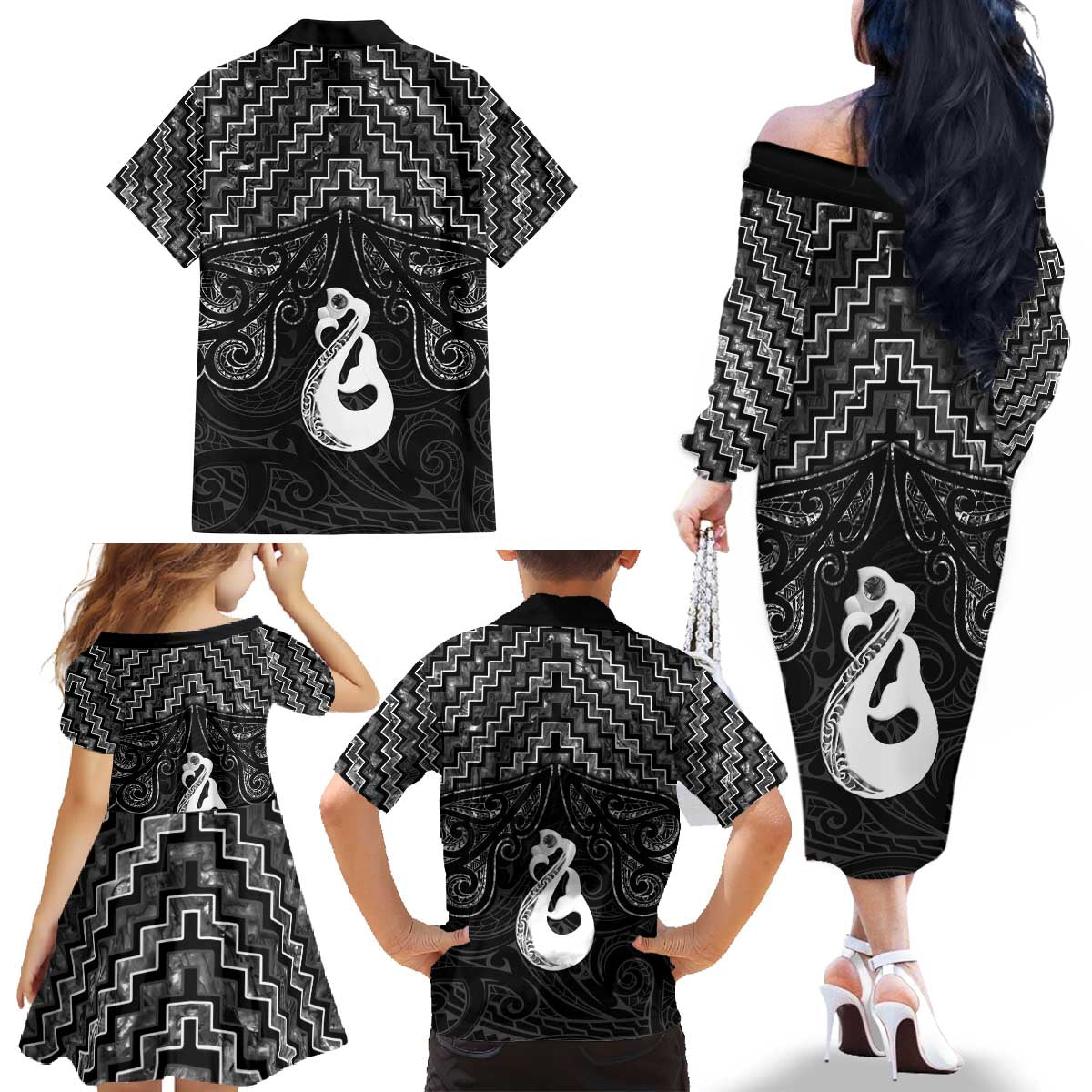 New Zealand Maori Family Matching Off The Shoulder Long Sleeve Dress and Hawaiian Shirt Poutama Manaia Black Paua Shell