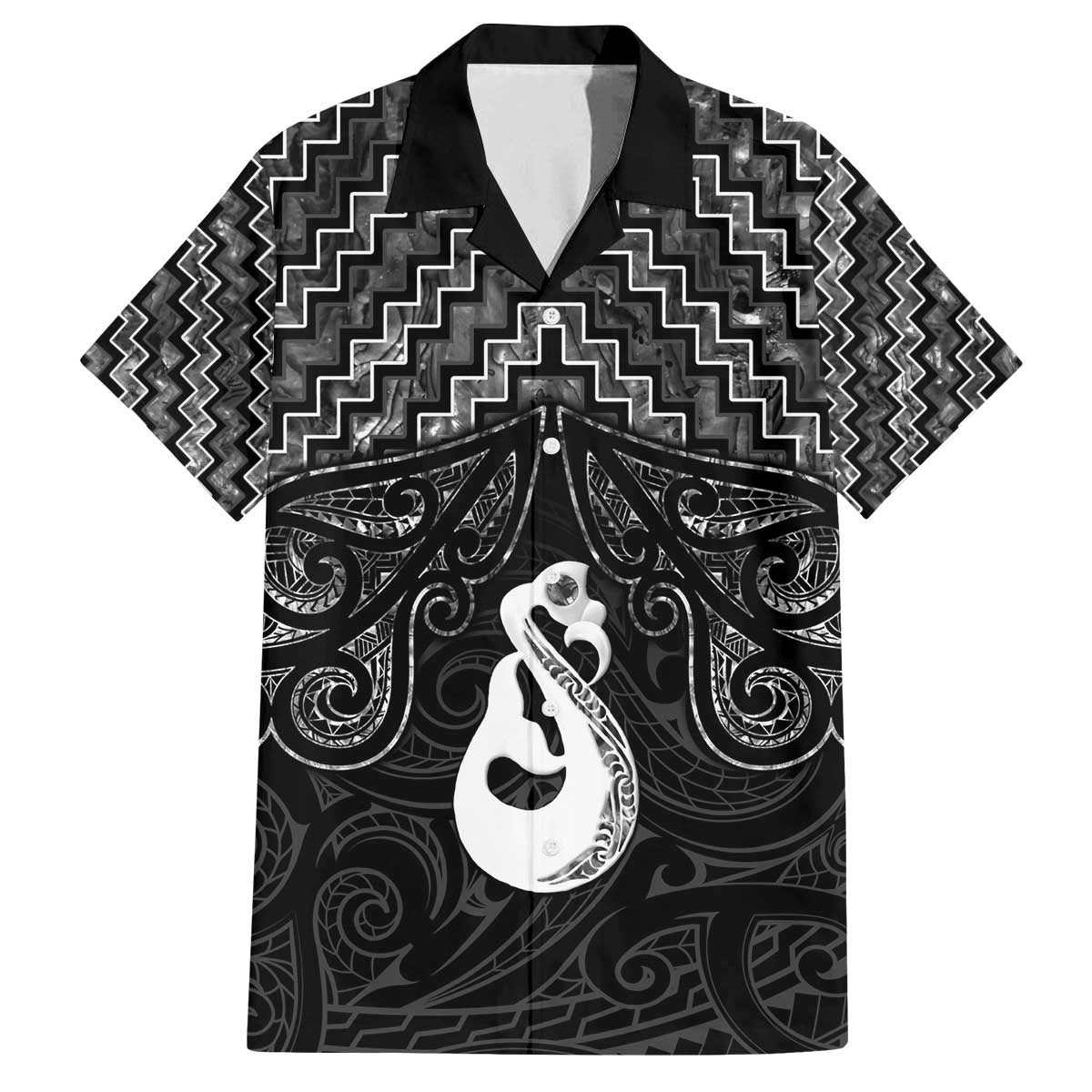 New Zealand Maori Family Matching Off The Shoulder Long Sleeve Dress and Hawaiian Shirt Poutama Manaia Black Paua Shell