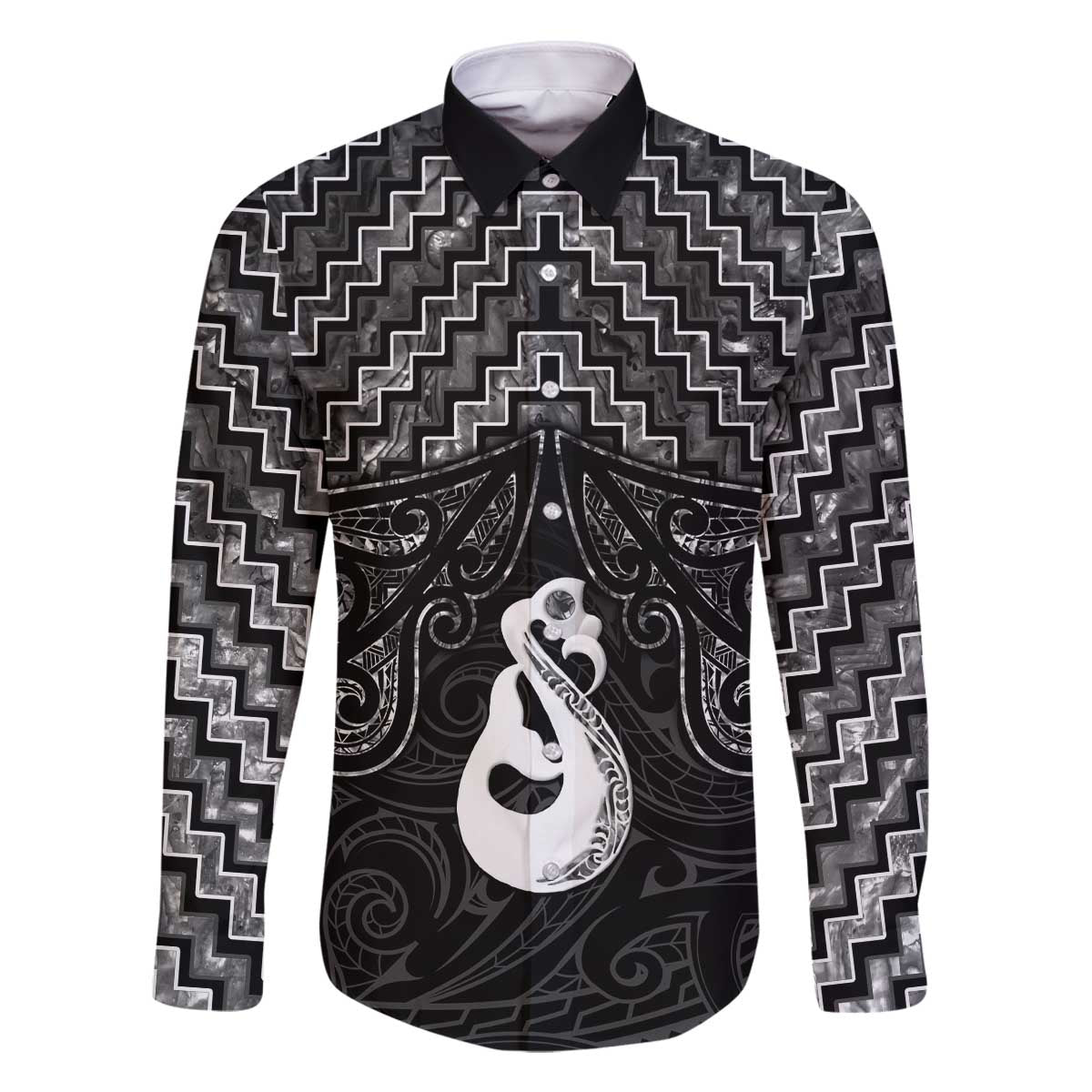 New Zealand Maori Family Matching Off The Shoulder Long Sleeve Dress and Hawaiian Shirt Poutama Manaia Black Paua Shell