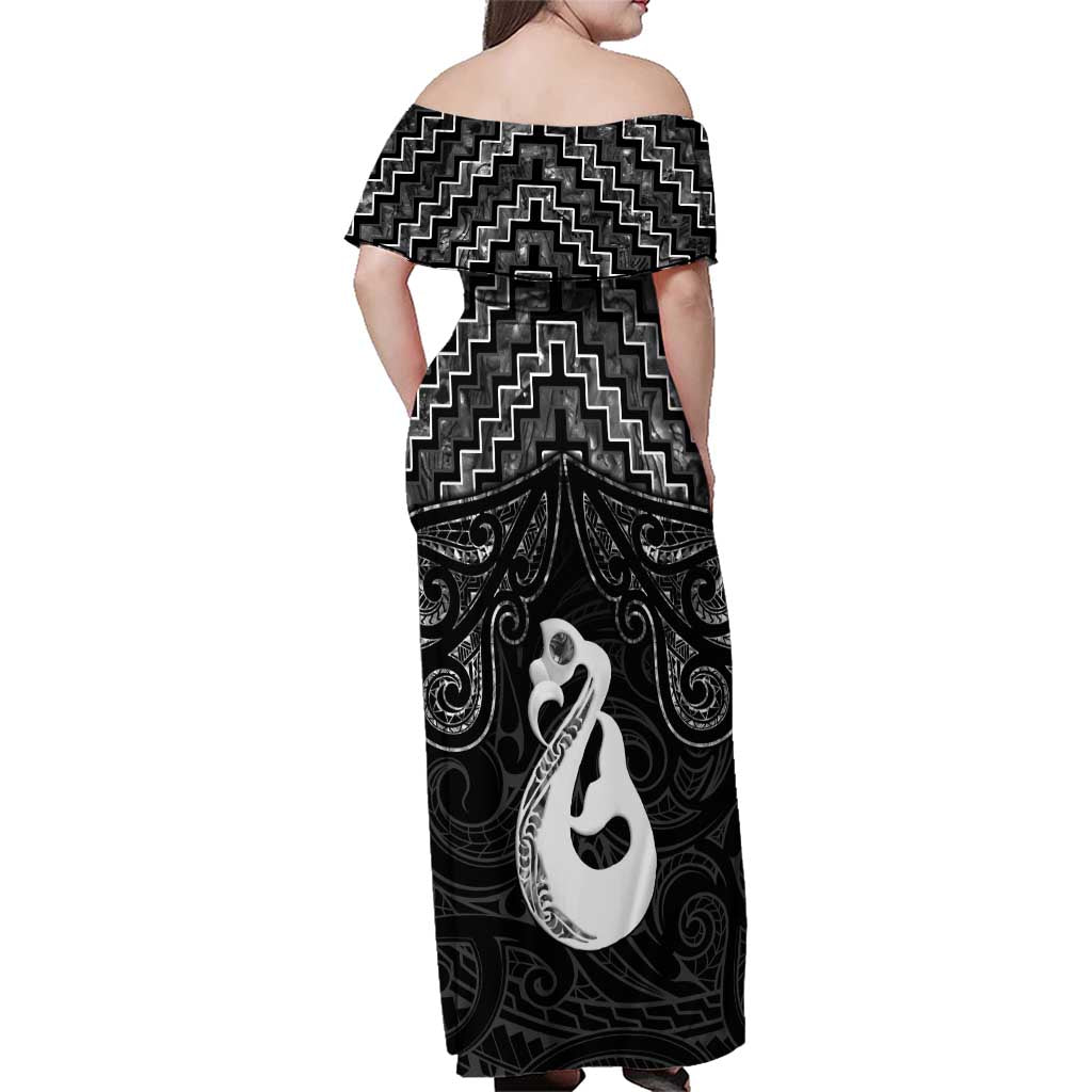 New Zealand Maori Family Matching Off Shoulder Maxi Dress and Hawaiian Shirt Poutama Manaia Black Paua Shell