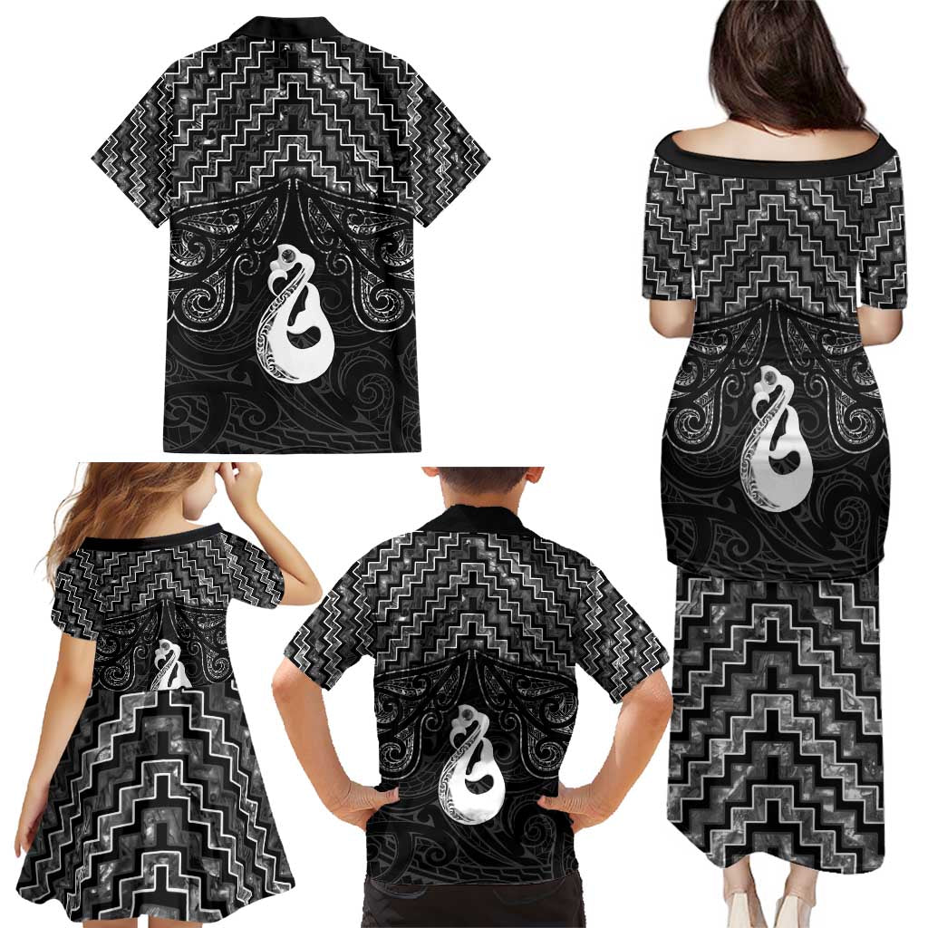 New Zealand Maori Family Matching Puletasi and Hawaiian Shirt Poutama Manaia Black Paua Shell