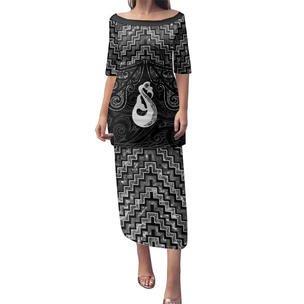 New Zealand Maori Family Matching Puletasi and Hawaiian Shirt Poutama Manaia Black Paua Shell