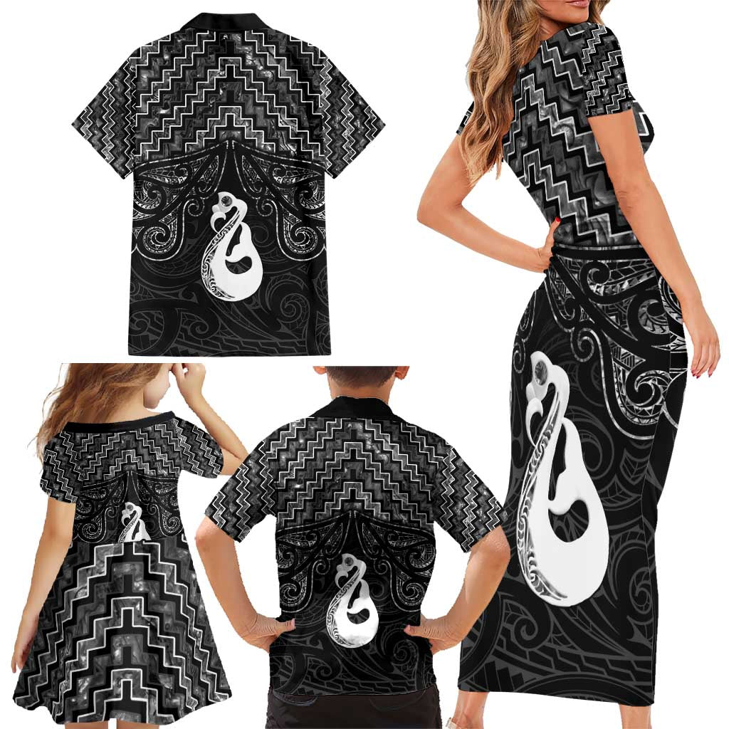 New Zealand Maori Family Matching Short Sleeve Bodycon Dress and Hawaiian Shirt Poutama Manaia Black Paua Shell