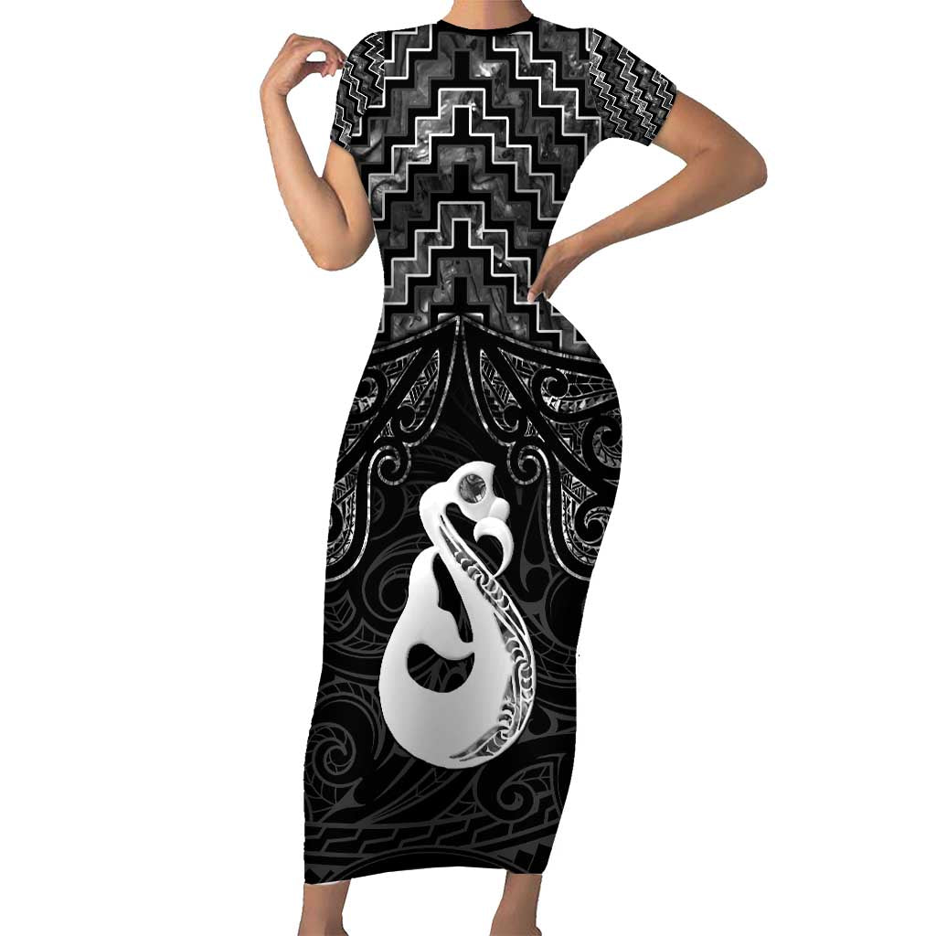 New Zealand Maori Family Matching Short Sleeve Bodycon Dress and Hawaiian Shirt Poutama Manaia Black Paua Shell