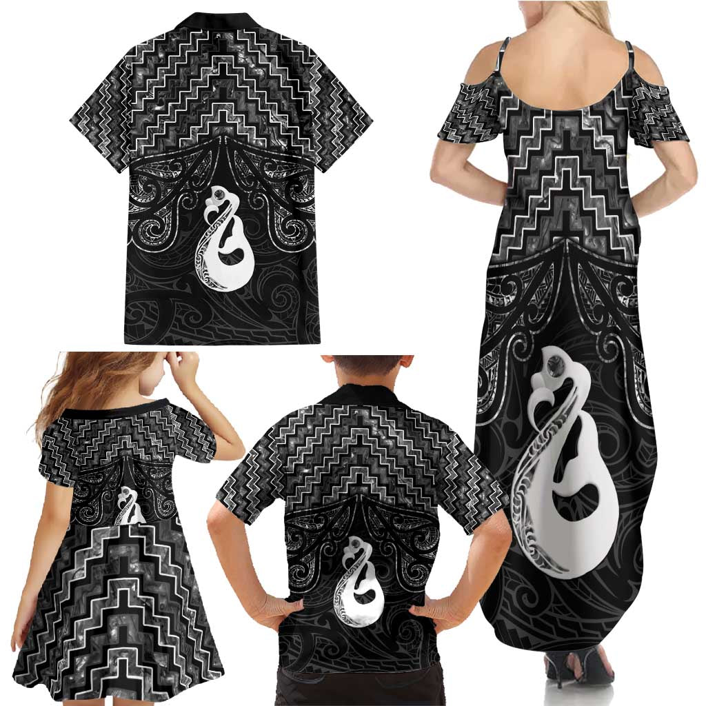 New Zealand Maori Family Matching Summer Maxi Dress and Hawaiian Shirt Poutama Manaia Black Paua Shell