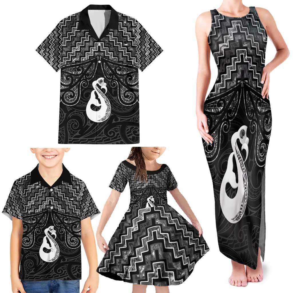 New Zealand Maori Family Matching Tank Maxi Dress and Hawaiian Shirt Poutama Manaia Black Paua Shell