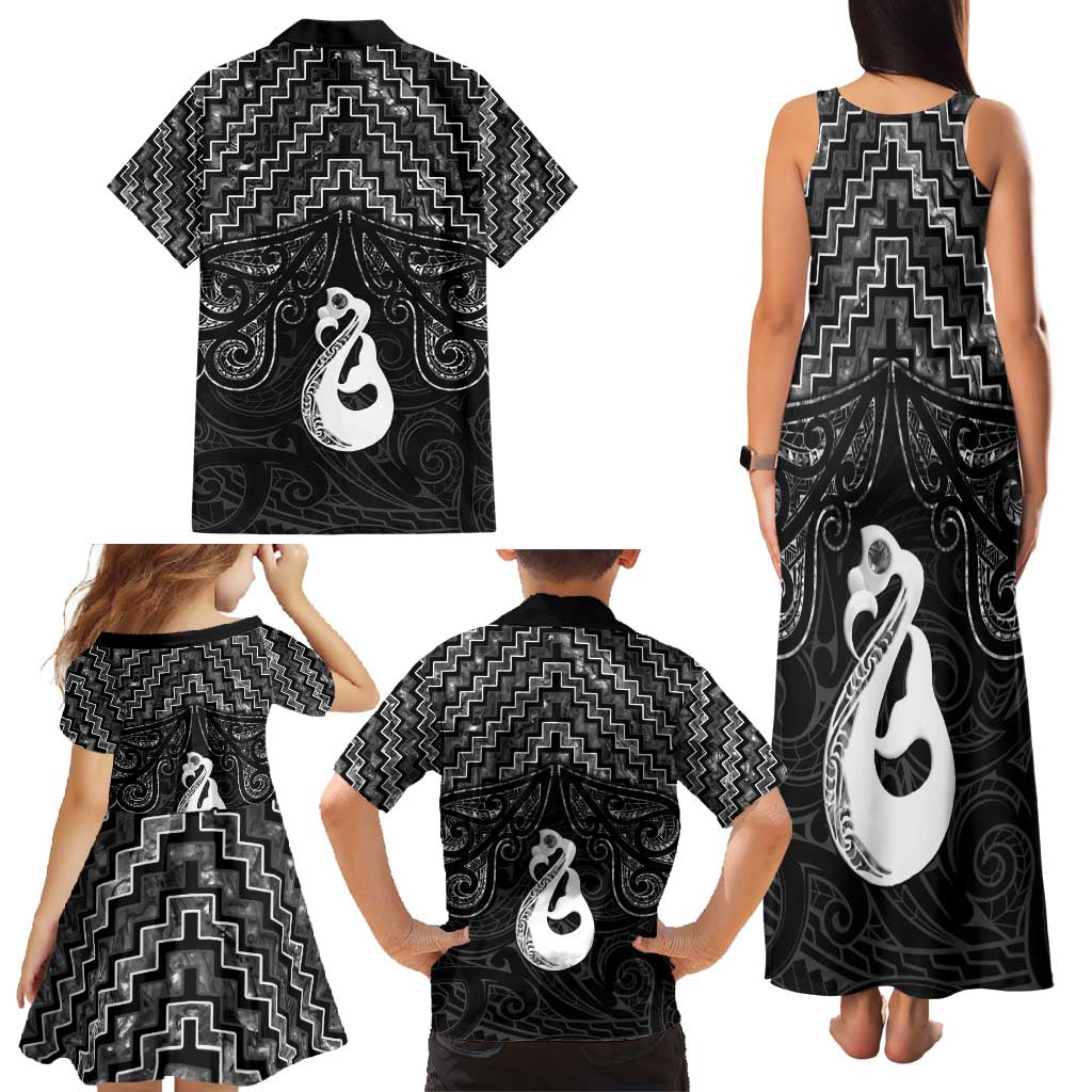 New Zealand Maori Family Matching Tank Maxi Dress and Hawaiian Shirt Poutama Manaia Black Paua Shell