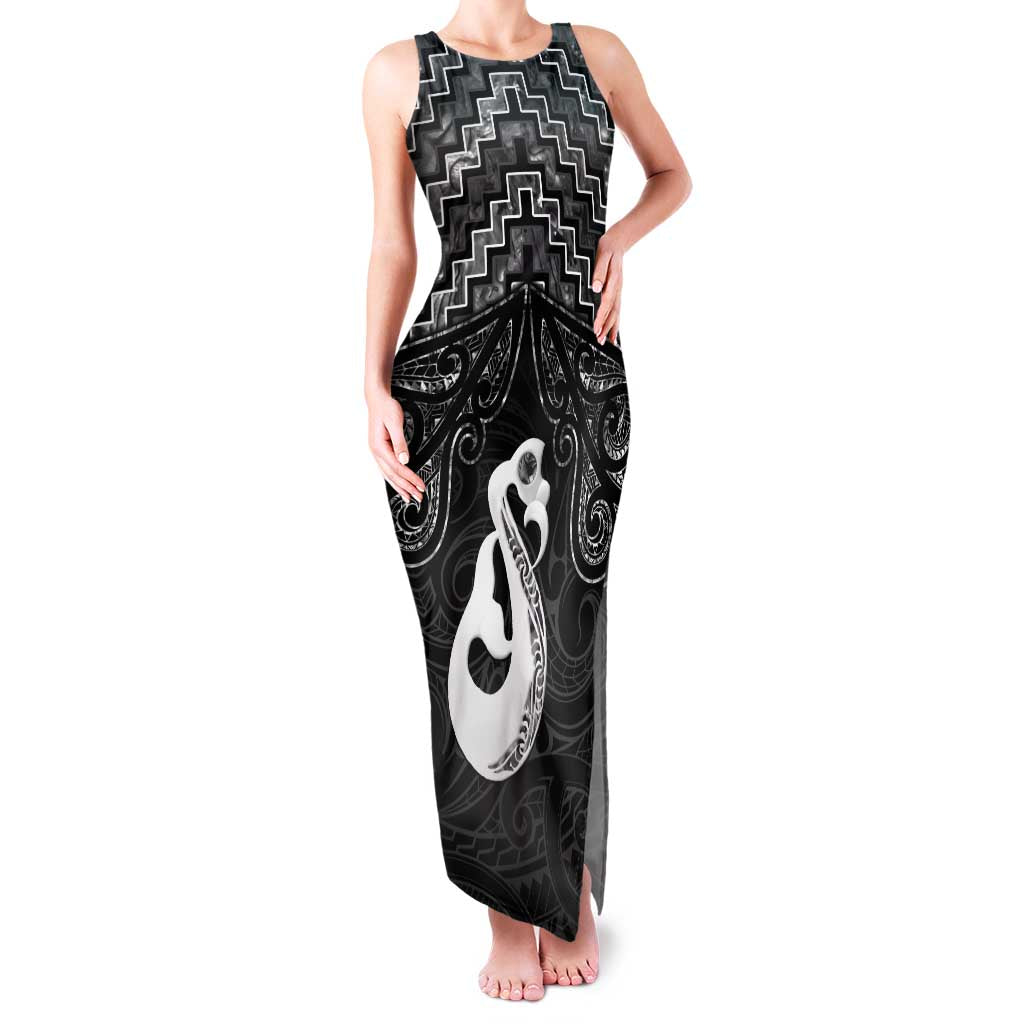 New Zealand Maori Family Matching Tank Maxi Dress and Hawaiian Shirt Poutama Manaia Black Paua Shell