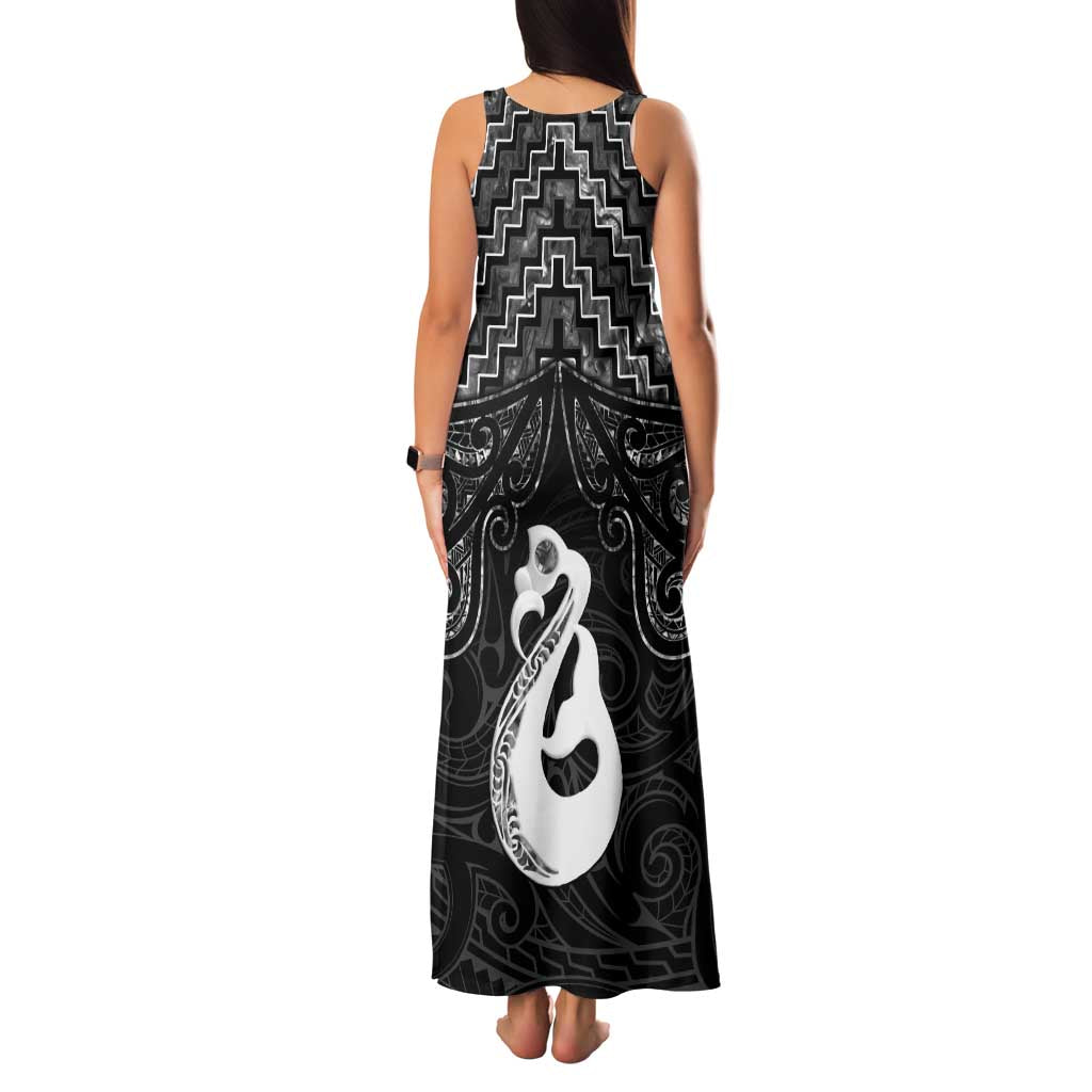 New Zealand Maori Family Matching Tank Maxi Dress and Hawaiian Shirt Poutama Manaia Black Paua Shell