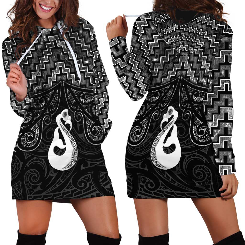 New Zealand Maori Hoodie Dress Poutama Manaia Black Paua Shell LT05 - Vibe Hoodie Shop