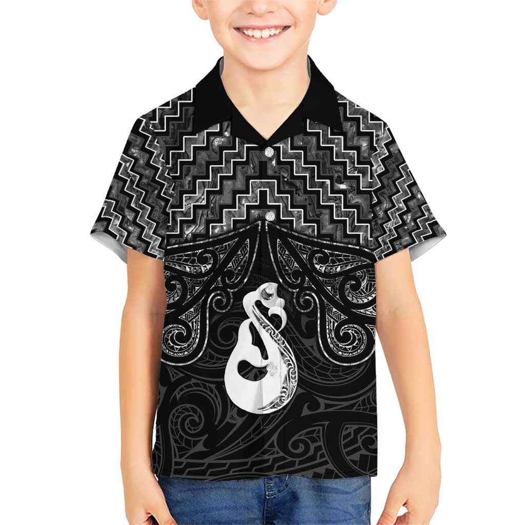 New Zealand Maori Kid Hawaiian Shirt Poutama Manaia Black Paua Shell