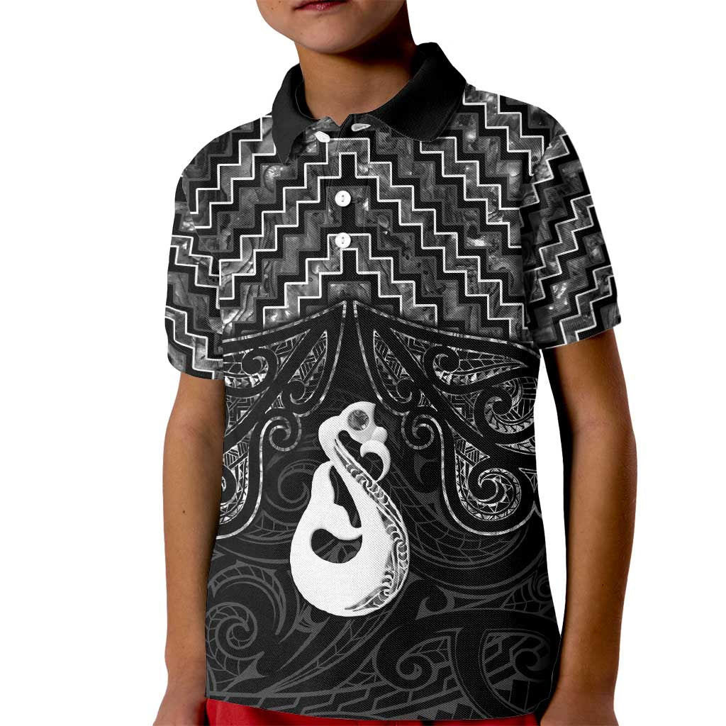 New Zealand Maori Kid Polo Shirt Poutama Manaia Black Paua Shell LT05 - Vibe Hoodie Shop