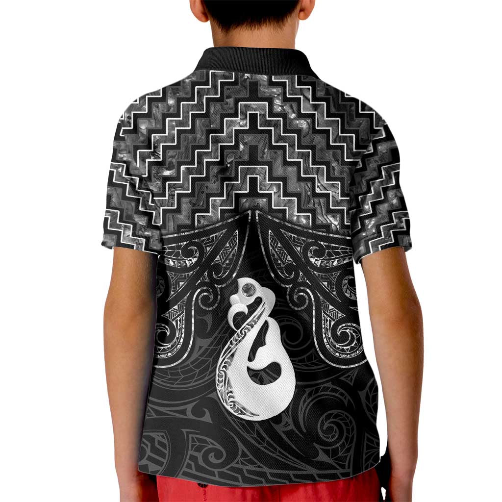 New Zealand Maori Kid Polo Shirt Poutama Manaia Black Paua Shell LT05 - Vibe Hoodie Shop