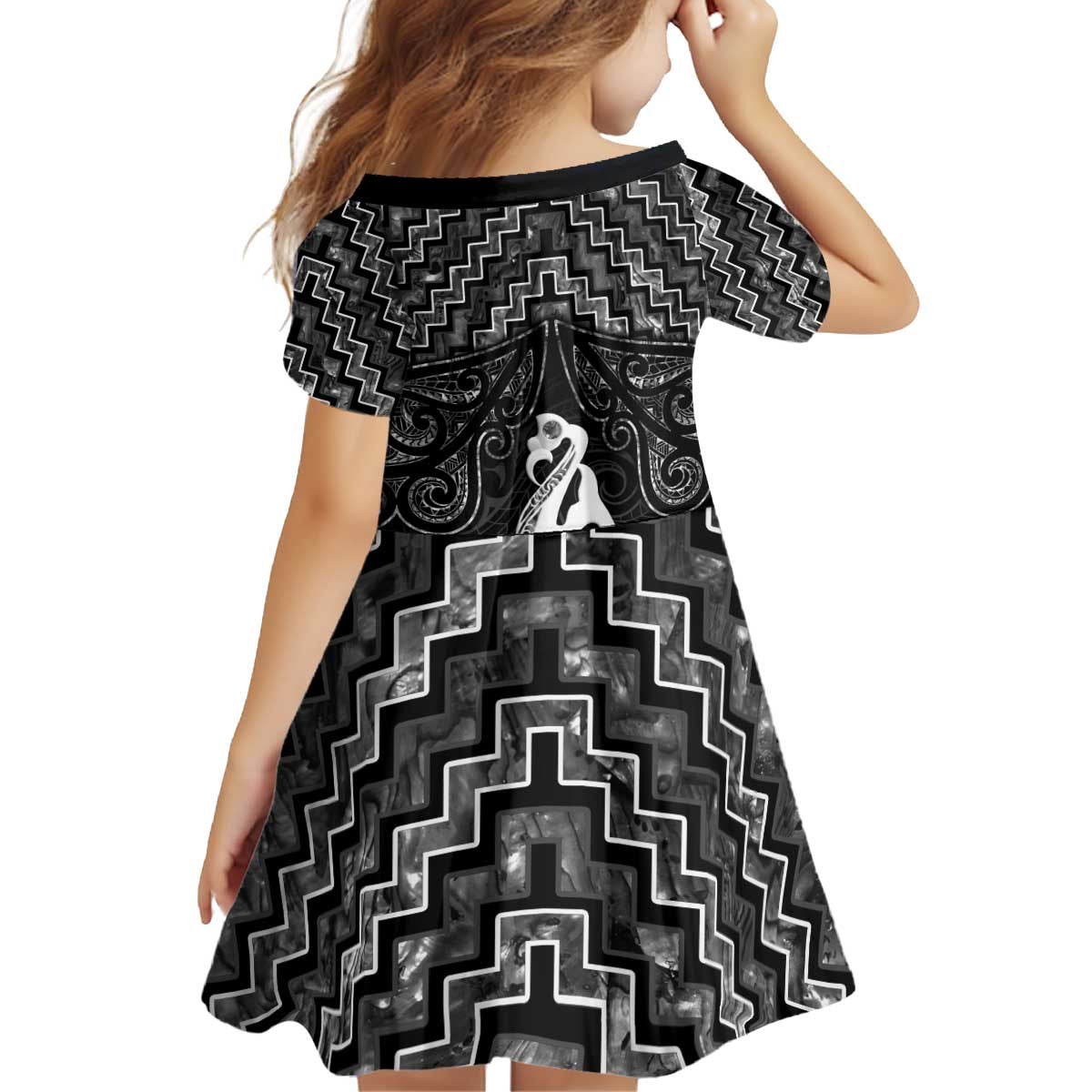 New Zealand Maori Kid Short Sleeve Dress Poutama Manaia Black Paua Shell LT05 - Vibe Hoodie Shop