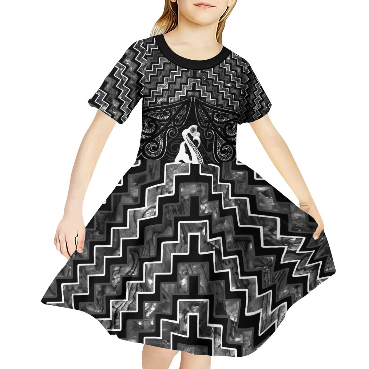 New Zealand Maori Kid Short Sleeve Dress Poutama Manaia Black Paua Shell LT05 - Vibe Hoodie Shop