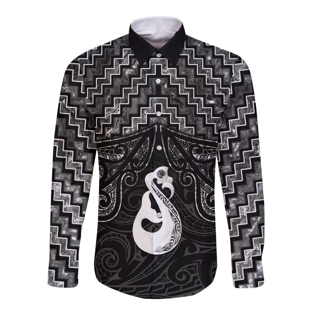 New Zealand Maori Long Sleeve Button Shirt Poutama Manaia Black Paua Shell LT05 - Vibe Hoodie Shop