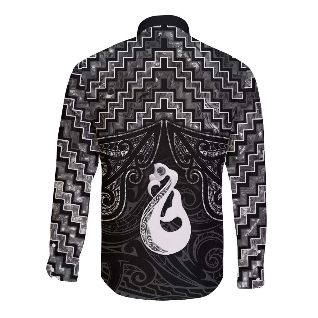 New Zealand Maori Long Sleeve Button Shirt Poutama Manaia Black Paua Shell LT05 - Vibe Hoodie Shop