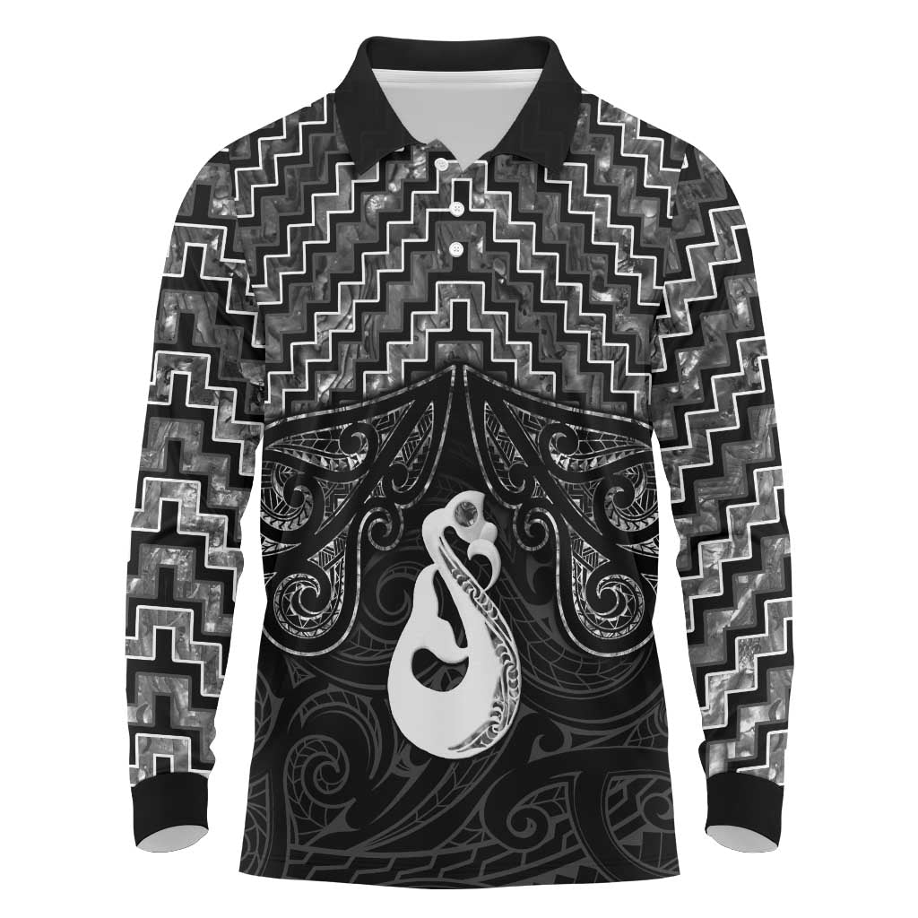 New Zealand Maori Long Sleeve Polo Shirt Poutama Manaia Black Paua Shell