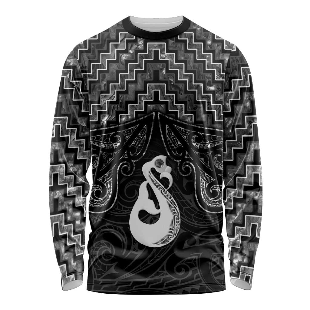 New Zealand Maori Long Sleeve Shirt Poutama Manaia Black Paua Shell LT05 - Vibe Hoodie Shop