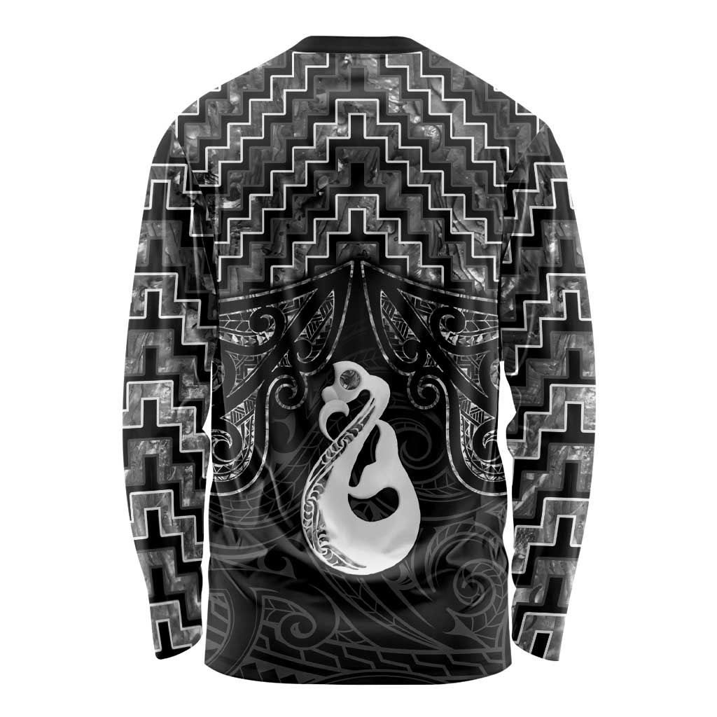 New Zealand Maori Long Sleeve Shirt Poutama Manaia Black Paua Shell LT05 - Vibe Hoodie Shop