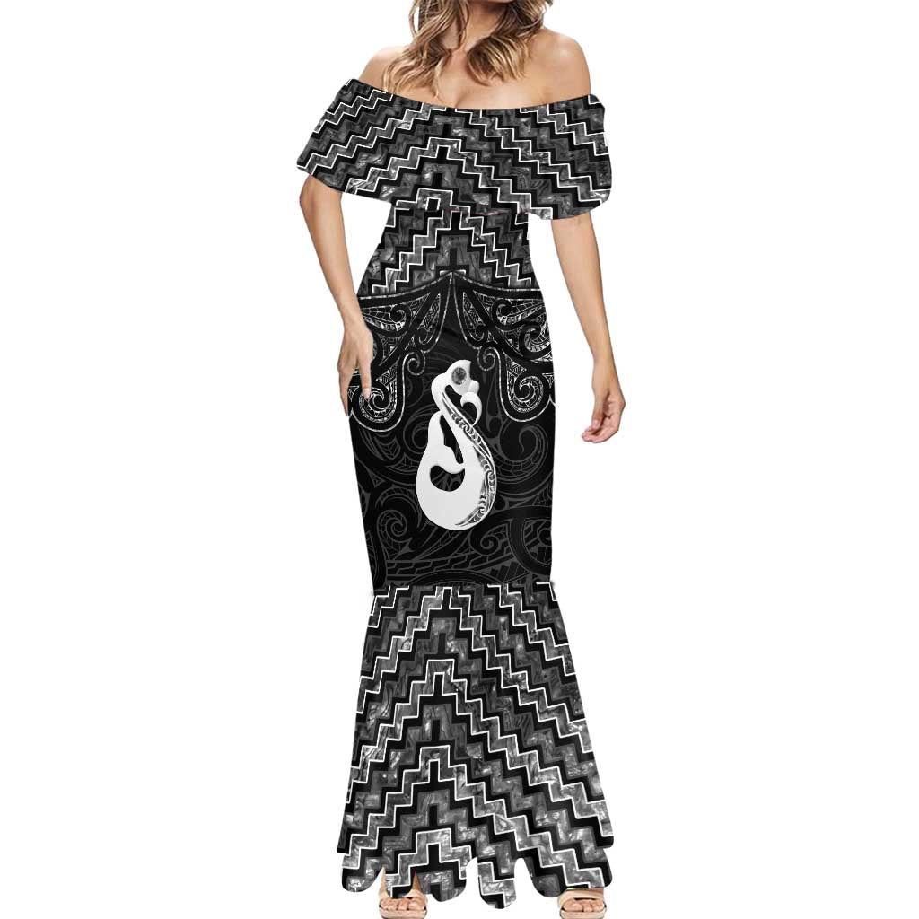 New Zealand Maori Mermaid Dress Poutama Manaia Black Paua Shell