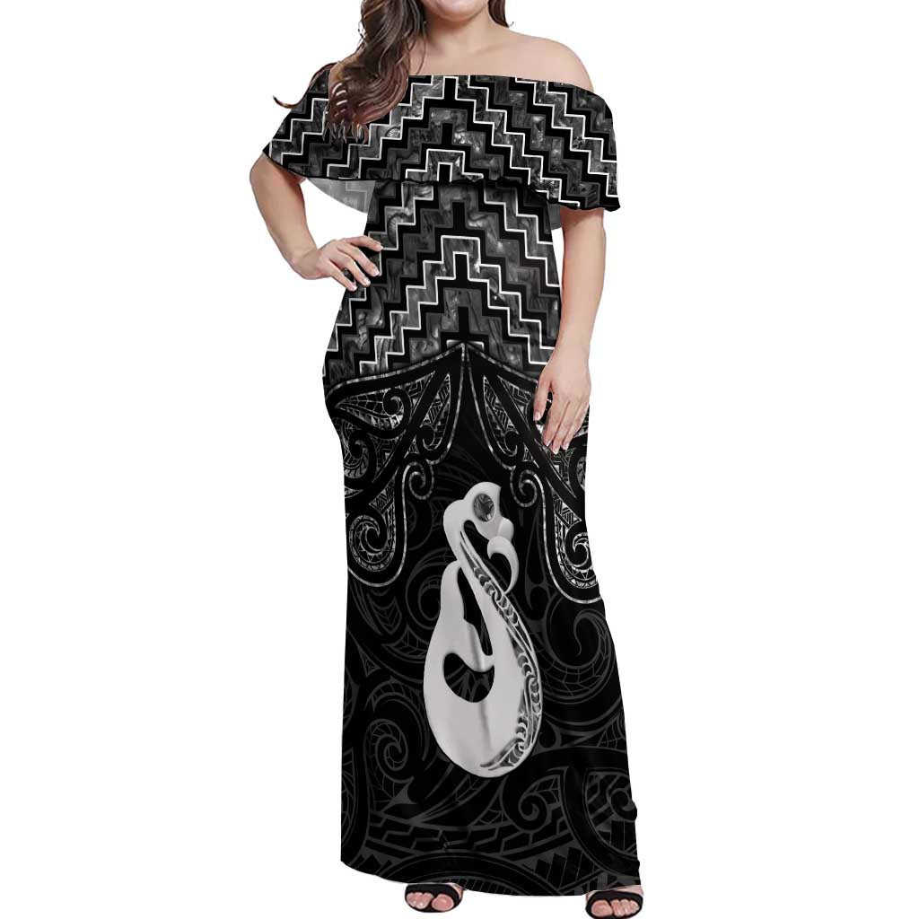 New Zealand Maori Off Shoulder Maxi Dress Poutama Manaia Black Paua Shell