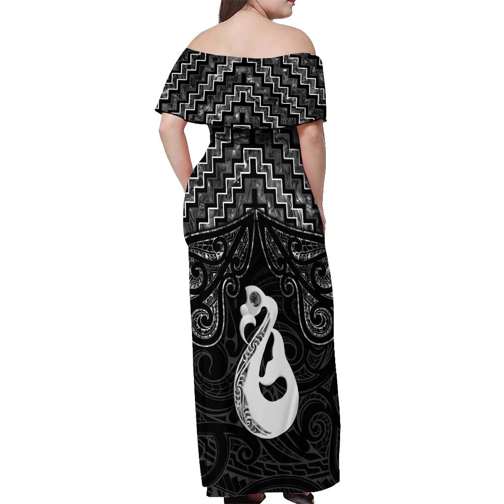 New Zealand Maori Off Shoulder Maxi Dress Poutama Manaia Black Paua Shell